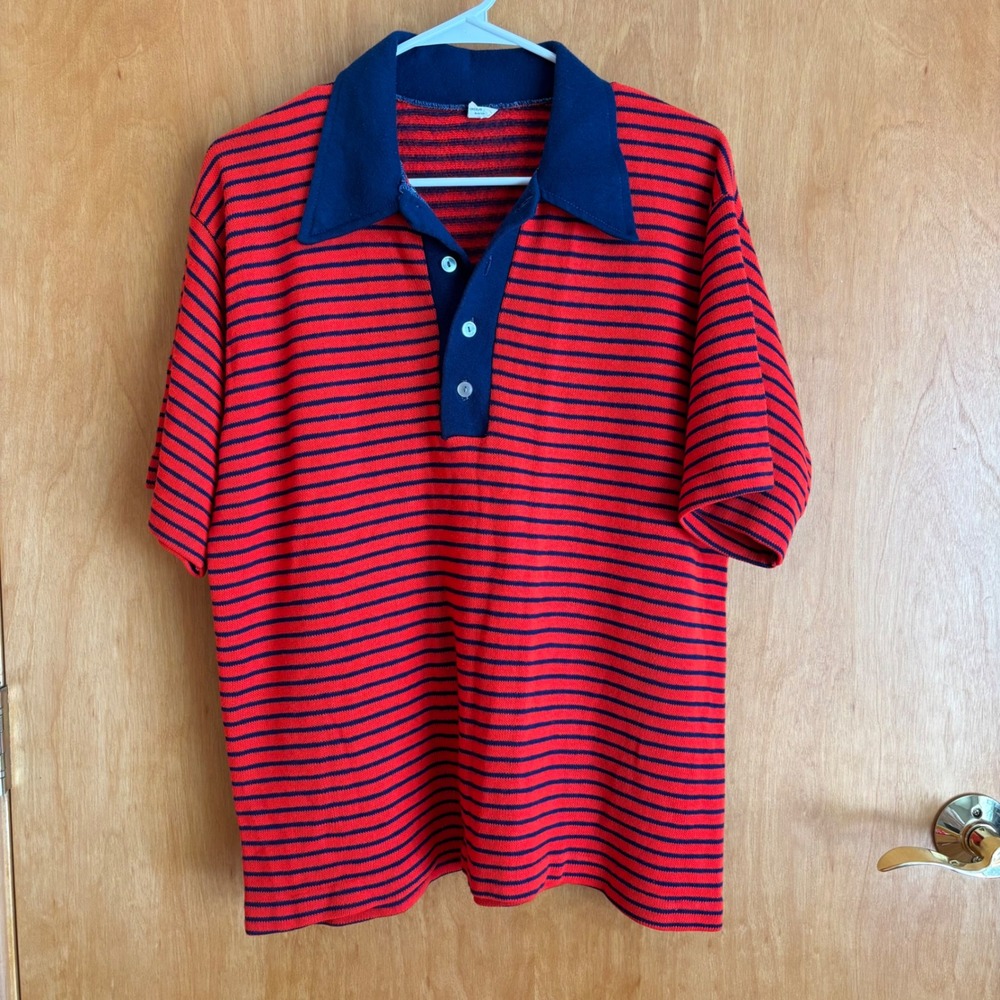 Vintage Creslan Casual Mens Striped Knit Polo Shirt Red Blue Retro